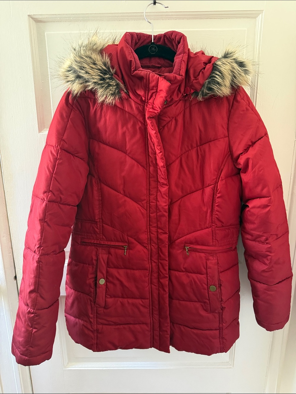 Larry Levine Red Quilted Puffer Coat with Fur-Trim Hood